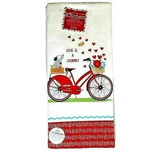 Love Is a Journey Valentine's Day Kitchen Towels 2-pc Bicycle Dog Hearts Gift